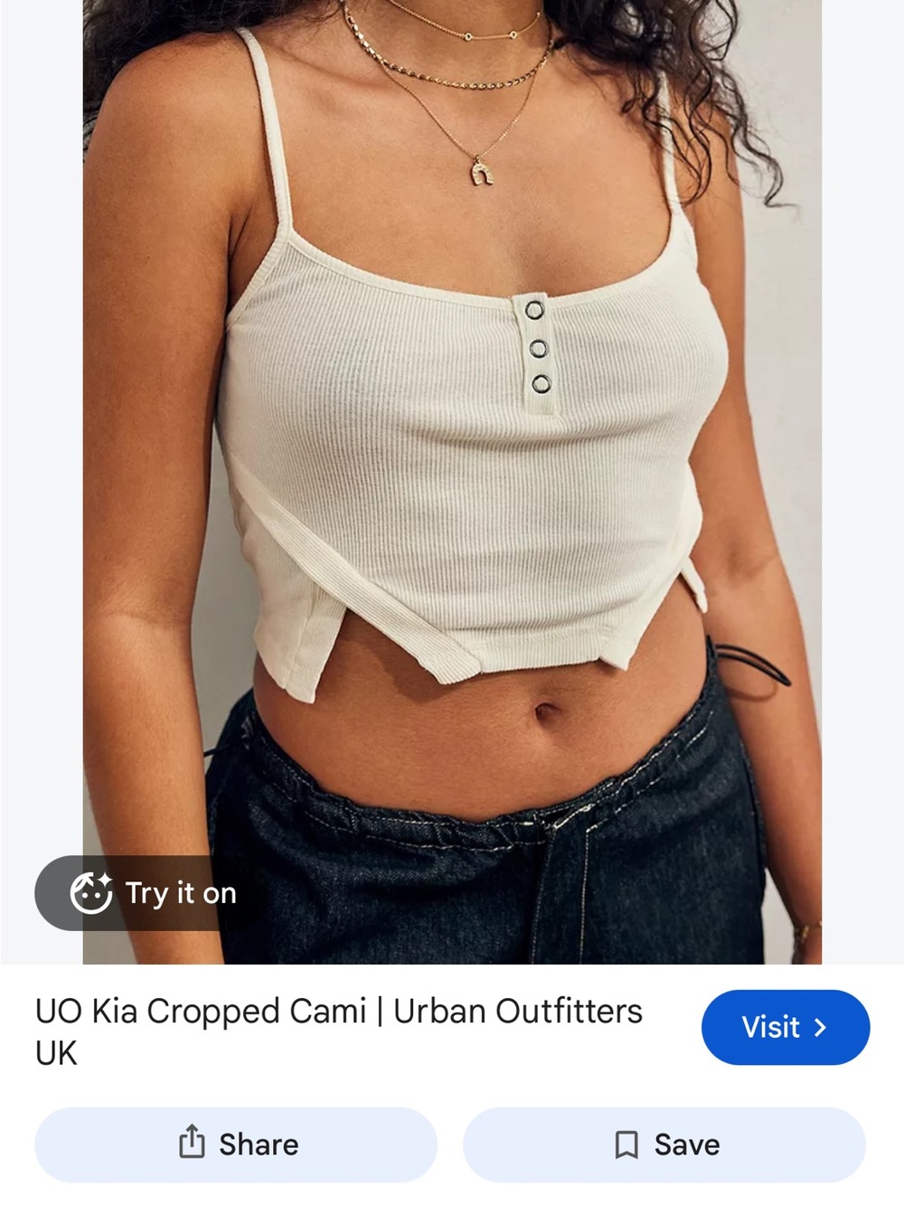 Urban Outfitters Cream Ribbed Cropped Kia Cami with Button Placket